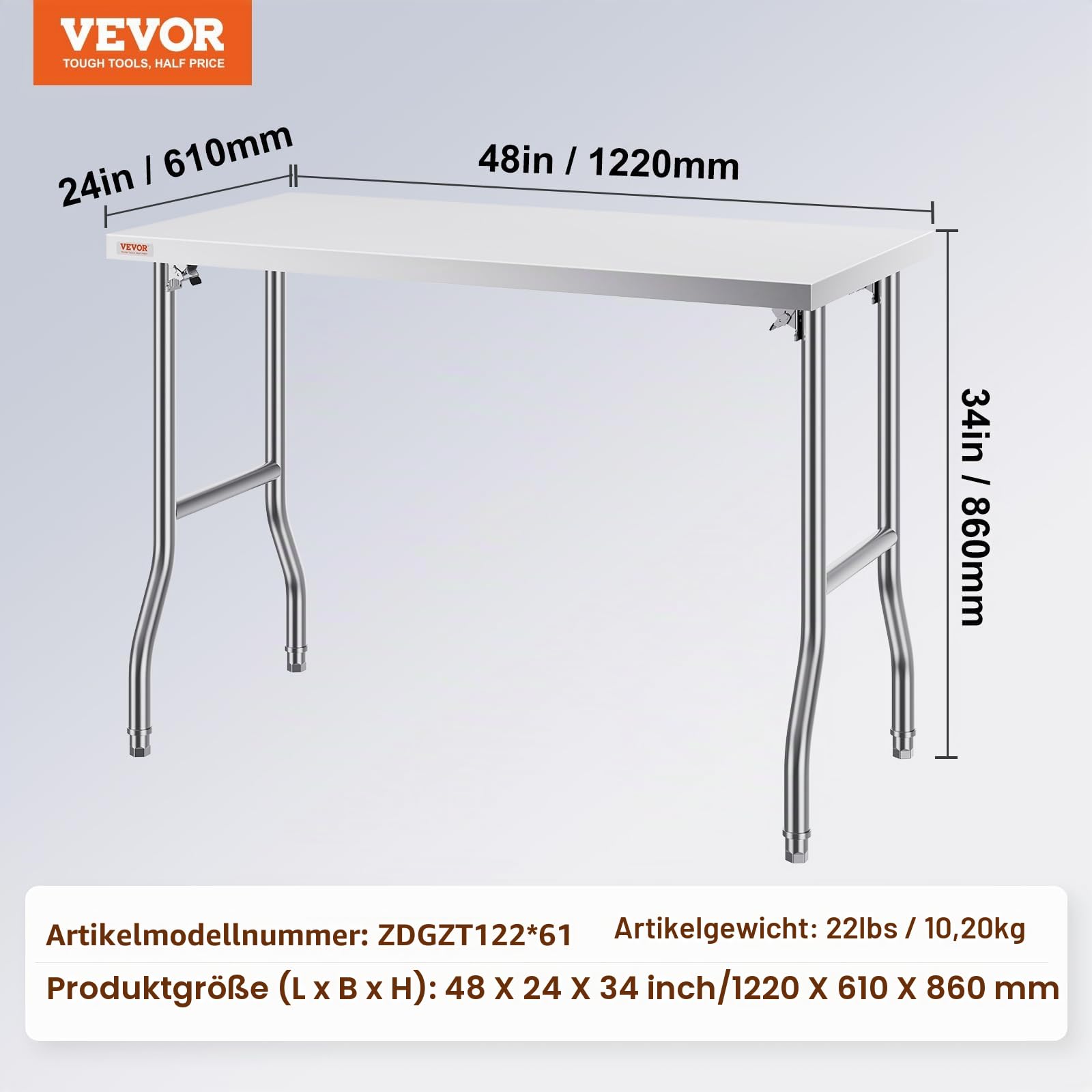 VEVOR Arbeitstisch Küche, 122x61x85cm Arbeitstisch Gastro Edelstahl Zubereitungstisch Gewerbe Küchentisch, Küchen-Esstisch Küchenarbeitsbank Zubereitungstisch Gastrotisch Metzgertisch Küche