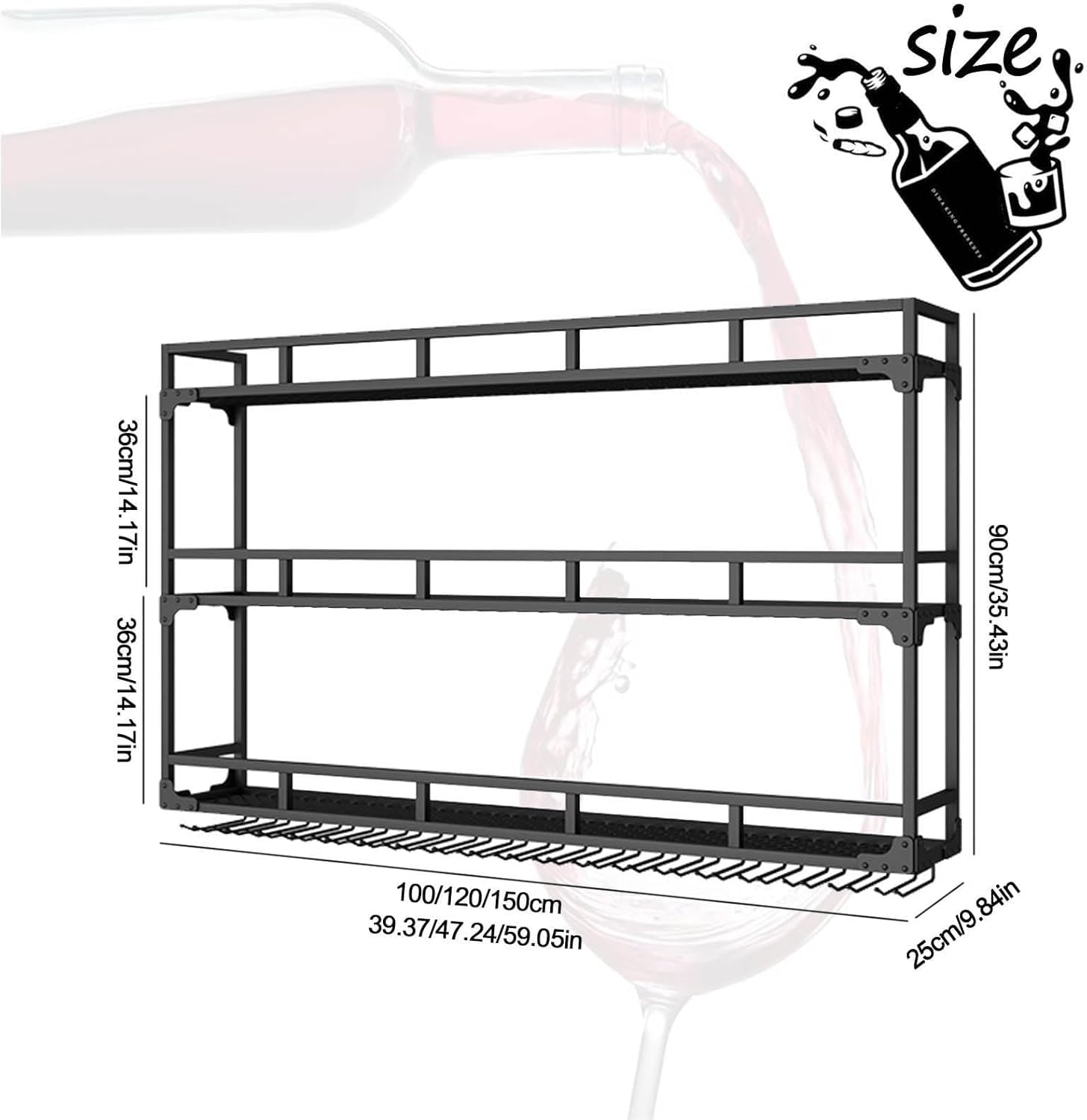 Botellero de Pared Industrial 3 Niveles con Portavasos, Estante Flotante de Metal 100cm, Negro