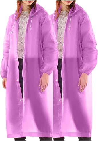 2PCS Reusable Rain Ponchos for Unisex Mens Womens Hooded Long Raincoats Lightweight Rain Jackets Waterproof Rain Gear