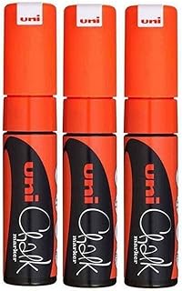 Uni Fluorescent Neon Orange Chisel Nib Tip (8mm) Liquid Chalk Marker Pen Colour Whiteboard Blackboard Chalkboard Menu Glass Windows Wet Wipe Non Permanent (Pack Of 3) PWE-8K