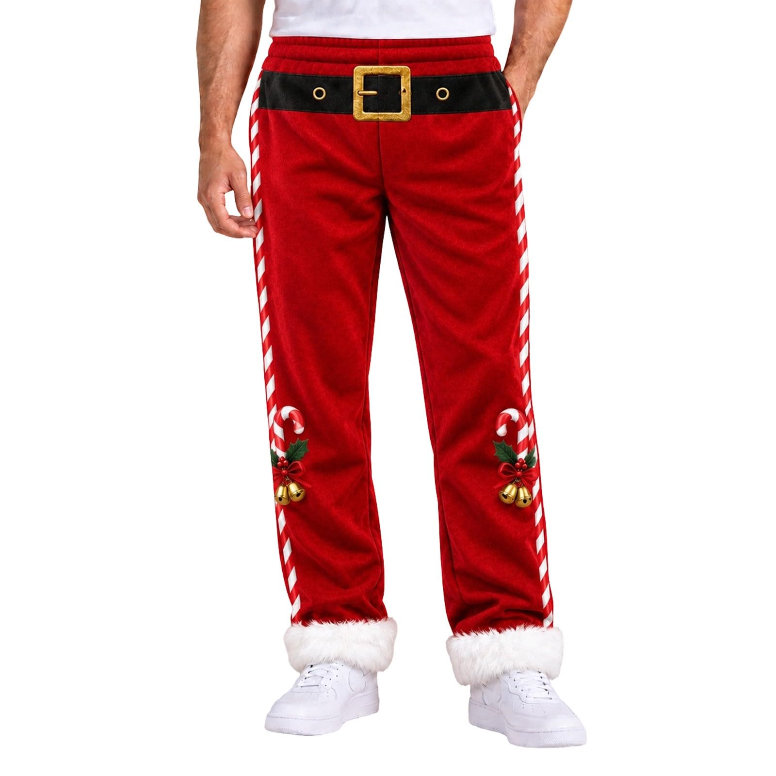 Christmas Costume Pants for Men Green Flannel Xmas Holiday Trousers with Pl