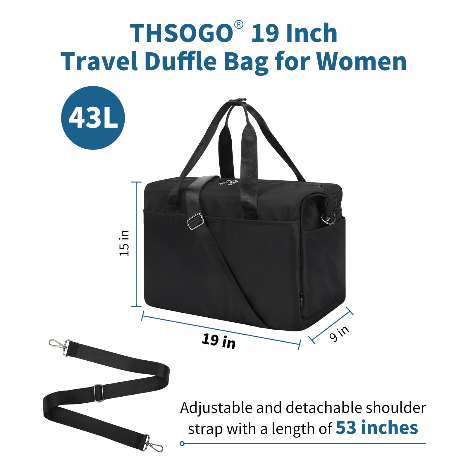 Borsone da viaggio,Borsa da weekend multi tasca,Borsa da palestra classica (50,8 cm), Nero-19 pollici