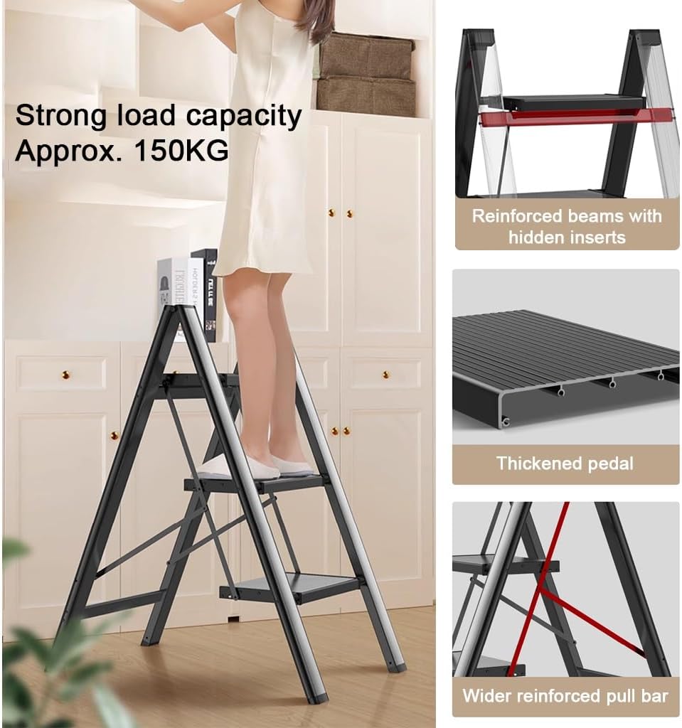 YCKEGEW Step Ladder 3 Step for Adults Folding Step Stool,Multi-Use Ladder for Kitchen, Household, and Office, 330 Lbs Capacity Aluminum Ladder,Anti-Slip Pedal(Black)