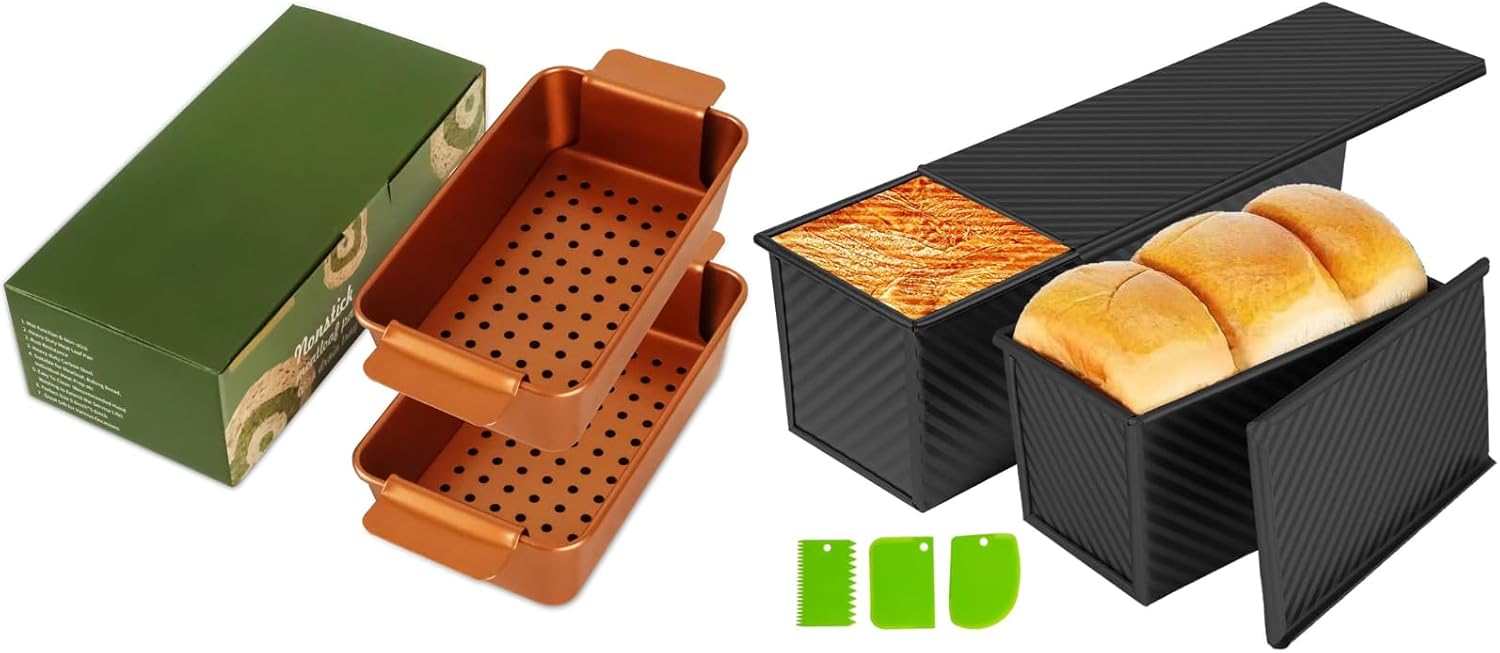 Meatloaf Pan with Drain Tray, Pullman Loaf Pan with Lid, Nonstick Loaf Pan with Drip Tray Perforated, Bread Tin for Baking Meatloaf, Sandwich and Toast, Gold and Black, Set of 4