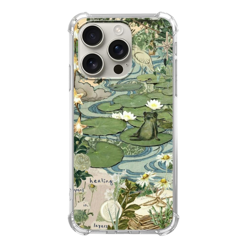 Nsydnbly Cute Frog Lotus Pond Phone Case Compatible with iPhone 16 Pro Max, Nature Green Aesthetic Phone Case for iPhone 16 Pro Max, Trendy Cool TPU