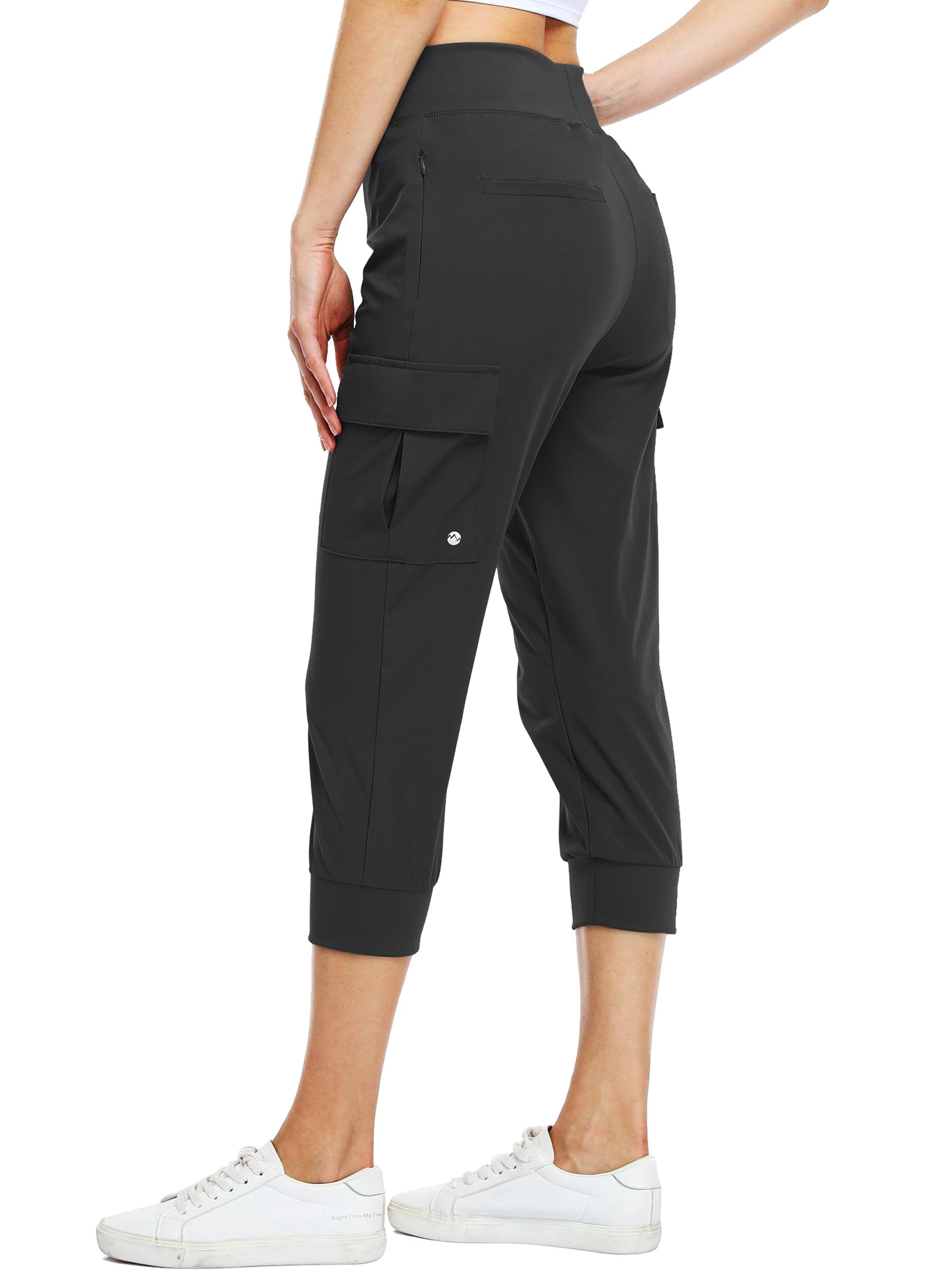 WILLIT Damen Caprihose Cargohose Jogginghose leicht Wanderhose für Workout Outdoor Schnelltrocken Athletik Wasserdicht LSF 50 mit Taschen Schwarz L
