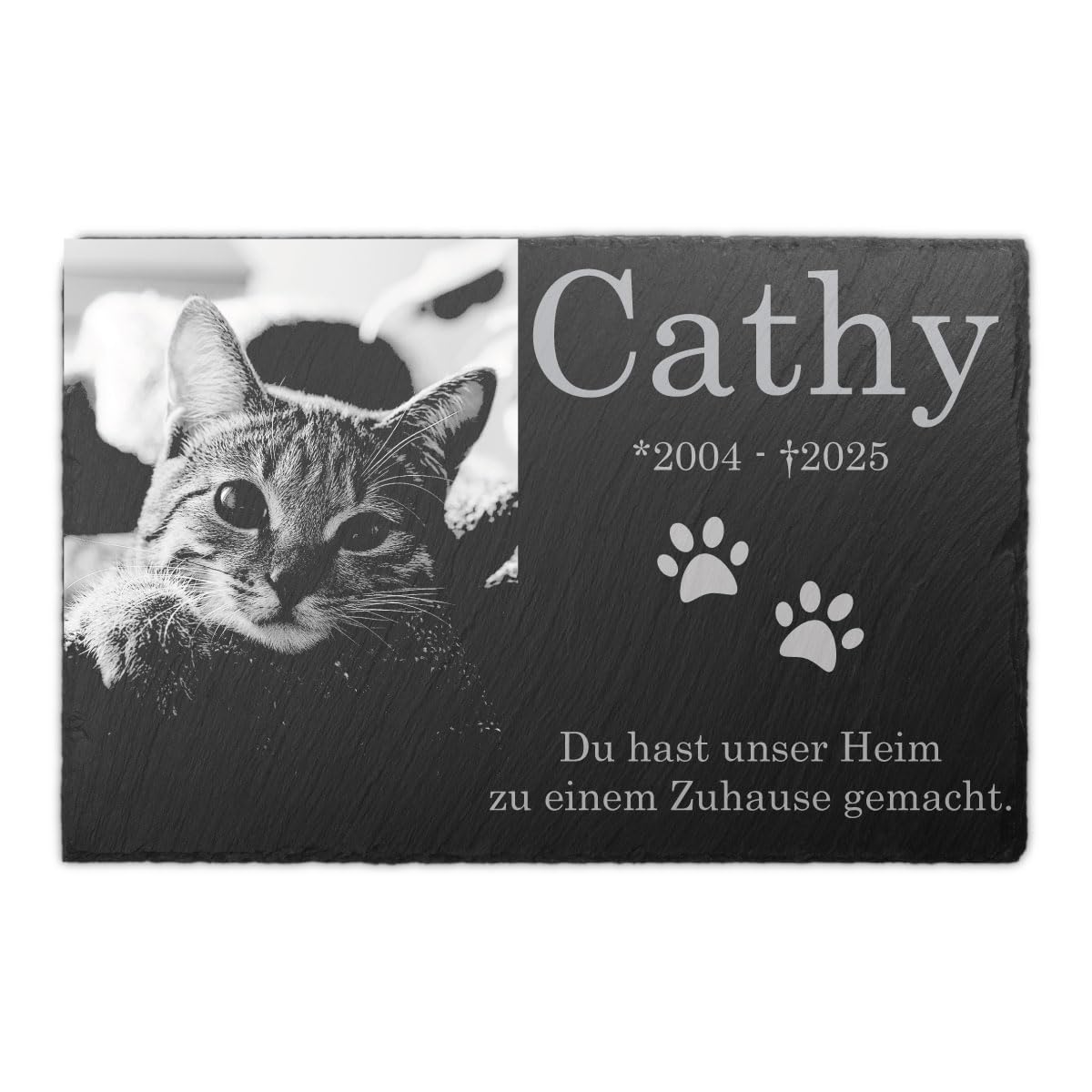 personalisierte Schiefer Tiergrabstein Gedenktafel 30x20 cm wetterfest - Individuelles Foto und Text, Schwarz-Weiße Gravur (mit Laser eingebrannt)