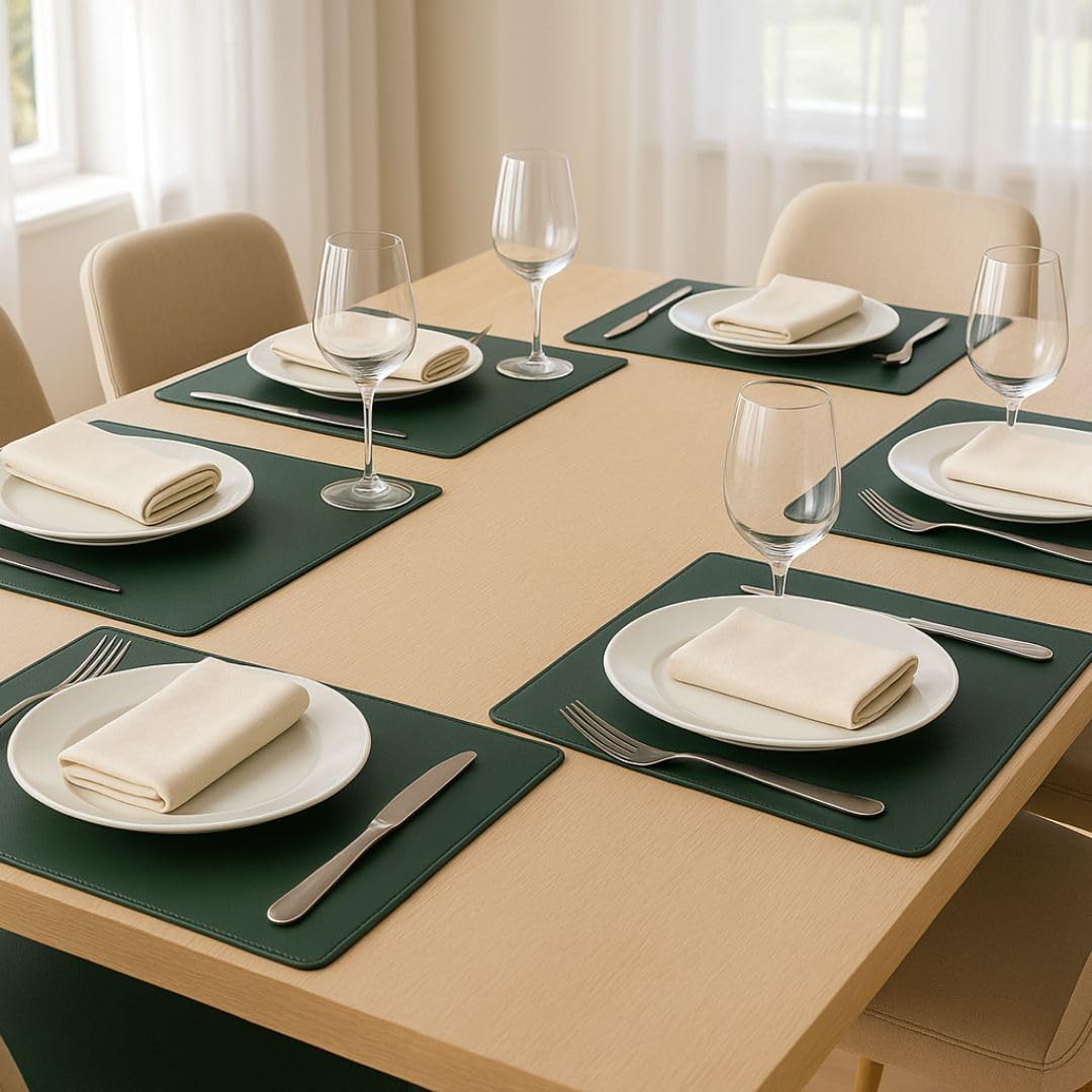 CASA BOTANICAL Set of 6 Faux Leather Placemats for Dining Table | Stylish and Durable Table Mats | Modern Colours & Designs, Use at Home, Cafes, Restaurants & Hotels (Placemats Green) 2