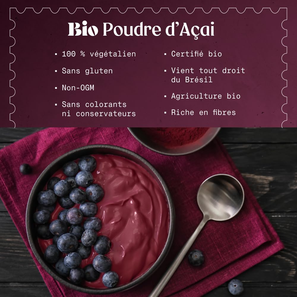 NaturaleBio Poudre de Baies d’Acai Bio - Freeze-Dried - 200g. Pure Organic Acai Berry Powder. Produit au Brésil, Lyophilisé, Cru, extrait de la pulpe de Baie d'Açai – Smoothies, Jus, Desserts