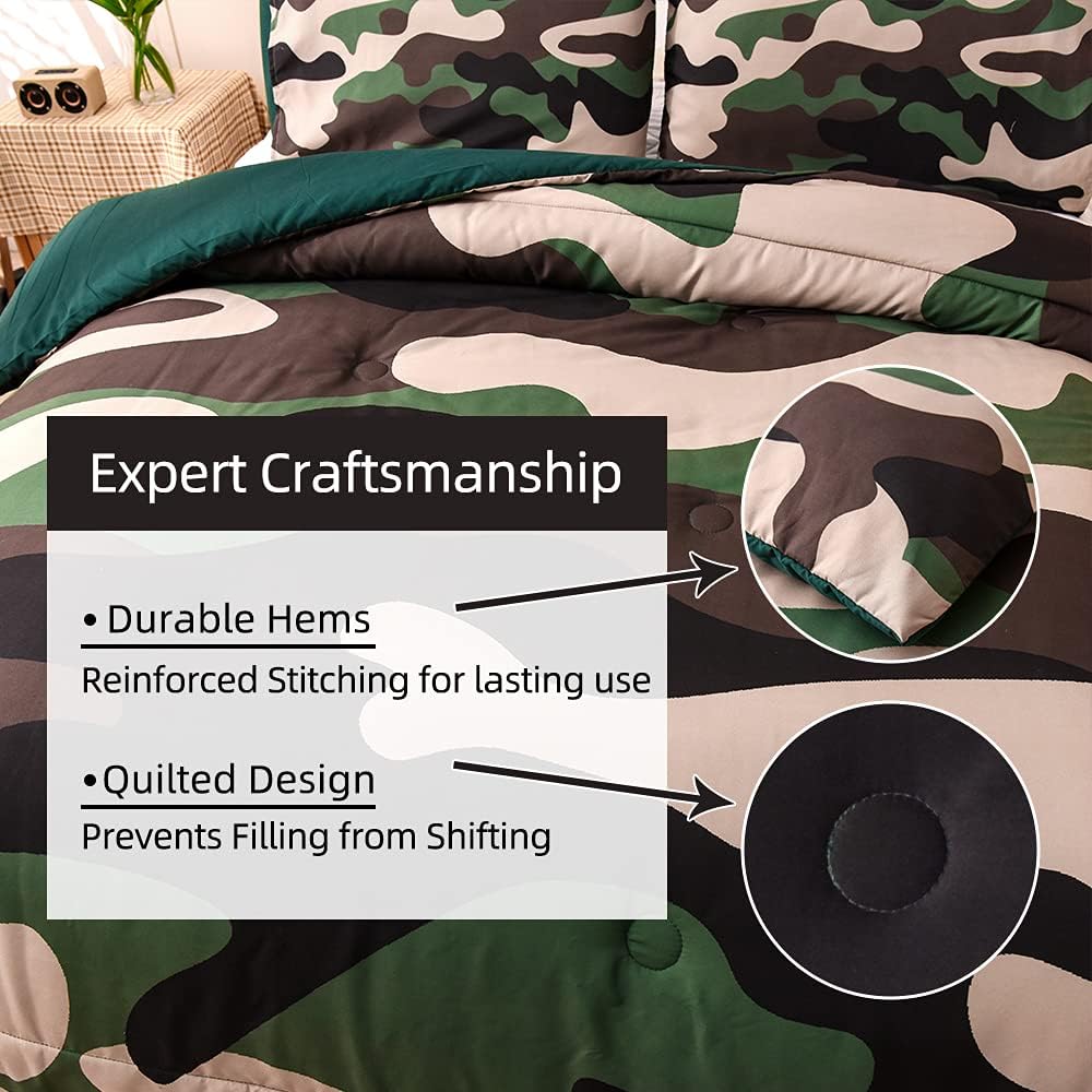 Meeting Story Camouflage Bedding Set, Green Camouflage Comforter Set, 3 PCS One Comforter and Two Pillowases, All Season Soft Bedspread for Kids Teens Adults (Green, Twin)