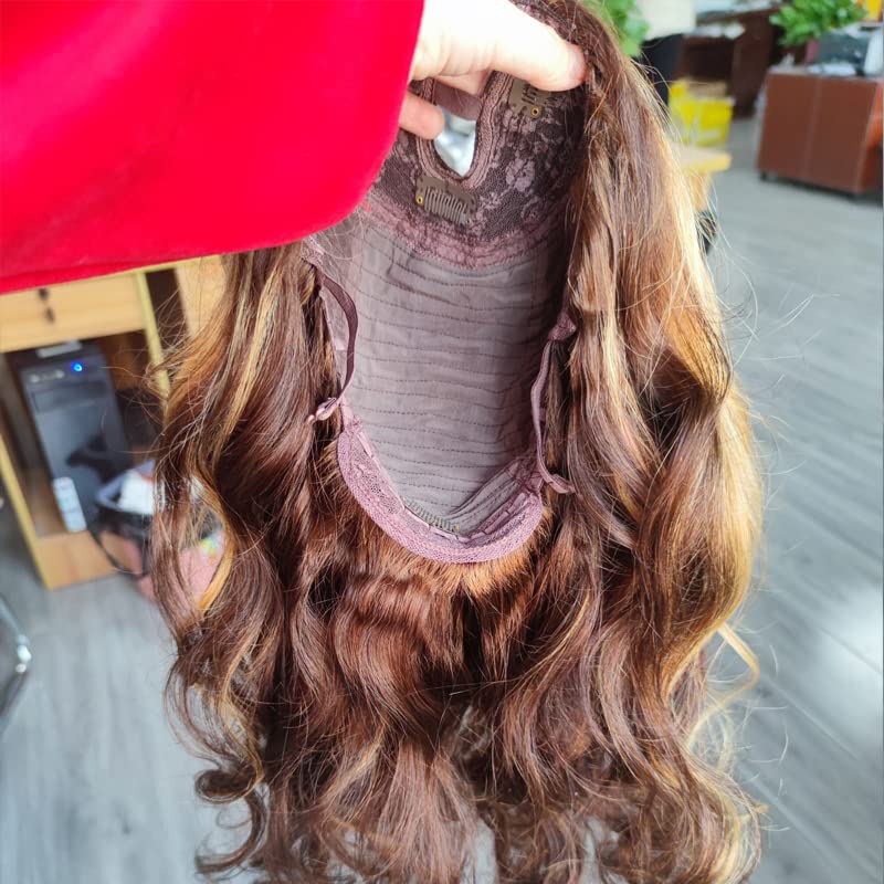 Miniatura 4 de Peluca de cabello humano ondulado con reflejos en U de 20 pulgadas para mujeres 427 balayage, marrón rubio, 150% 1x4 U abierta de cabeza completa,