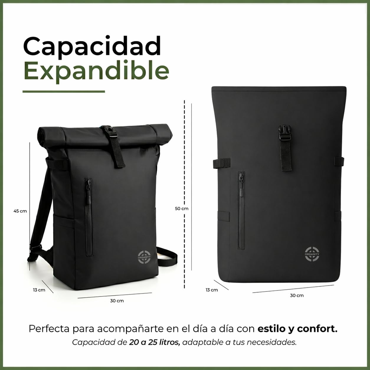 Mochila Enrollable Impermeable Rolltop Expandible 20-25L con Acceso Rápido Portátil, Casual Hombre Mujer, Ligera, Organizadores, Asa Torlley, Correas Acolchadas, Viaje, Trabajo, Universidad, Negra