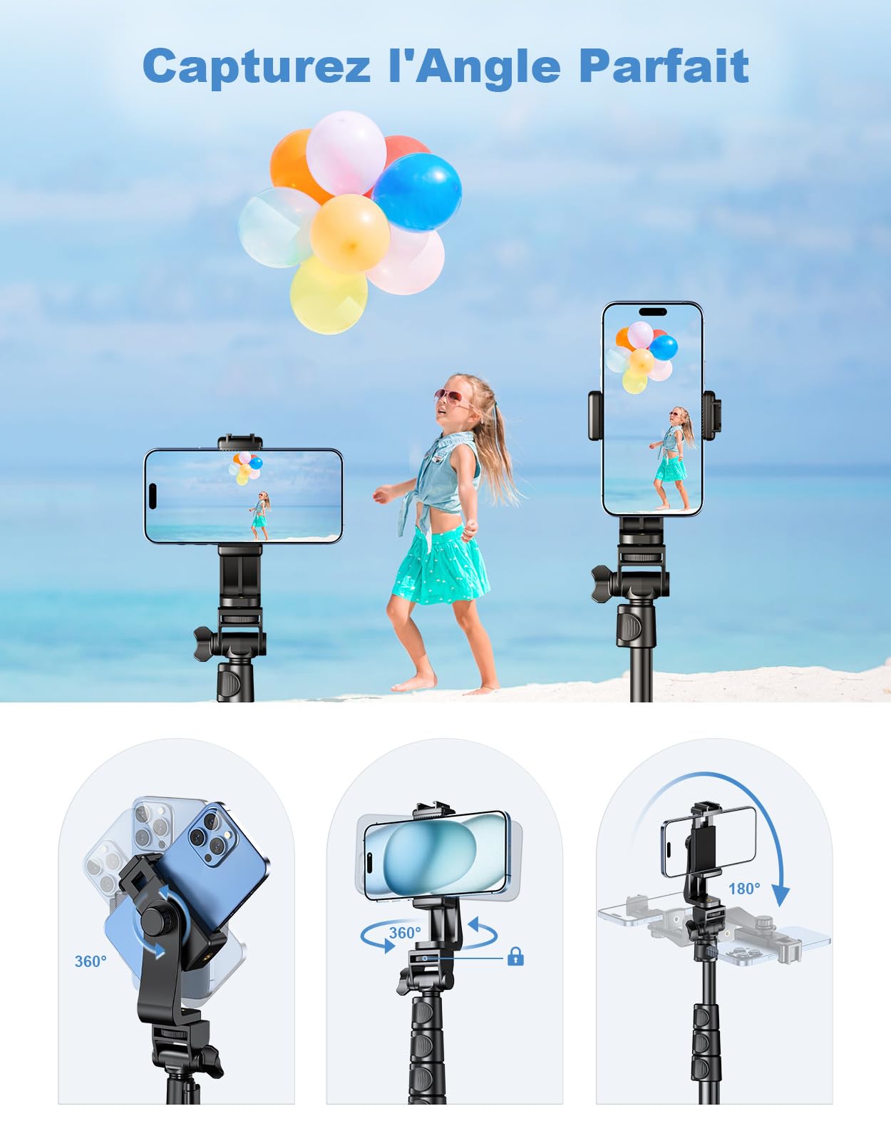 CIRYCASE 177cm Trepied Smartphone, Portable Trépied Appareil Photo Extensible en Aluminium avec Télécommande sans Fil, Perche Selfie Tête de Trepied Telephone Réglable pour iPhone/Galaxy/Gopro/Voyage