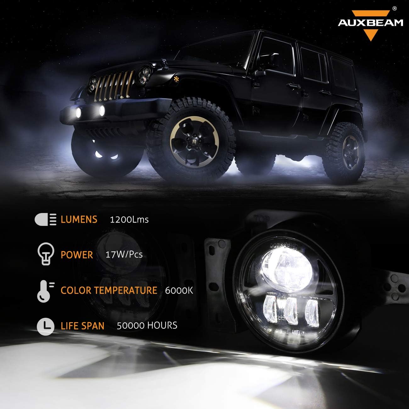 Auxbeam 4 Inch LED Fog Lights DOT Approved Replacement for Jeep Wrangler JL JLU Unlimited Sport Rubicon Sahara 2018-2023, 4 Inch Round Fog Lamps w/ 2 Brackets Black