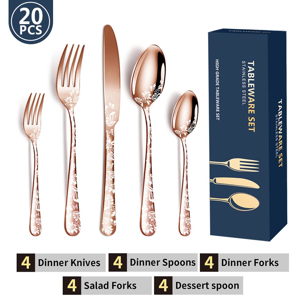 Aoresac Juego de Cubiertos 4 Personas,20 PCS Juego de Cubiertos de Acero Inoxidable Patrón Pulidos Con Espejo de Flores Incluye Cuchillo, tenedor para Cocina Restaurante Fiesta(Oro rosa)