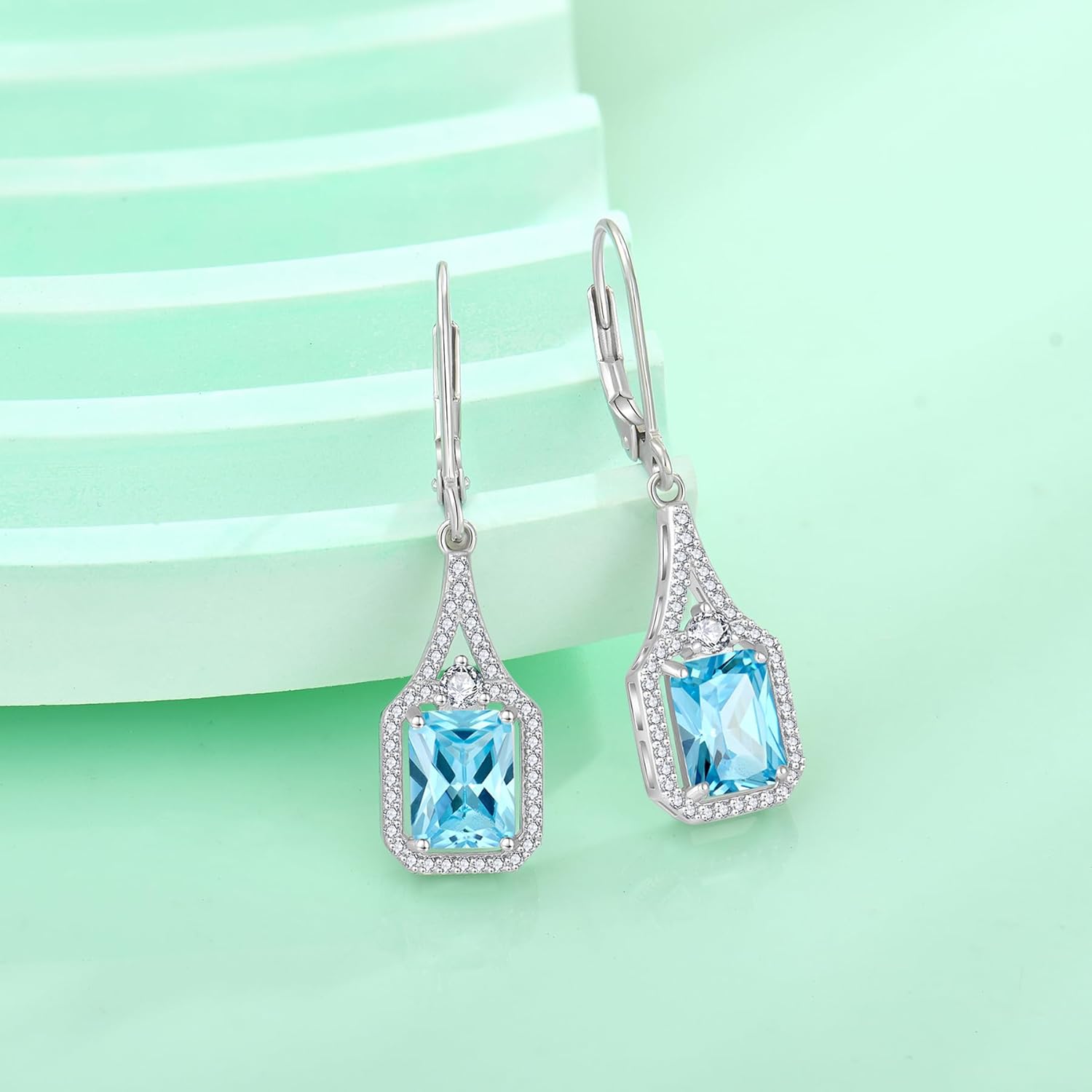 Emerald Cut Dangle Drop Earrings 925 Sterling Silver Halo Rectangular Leverback Earrings Birthstone Jewelry for Women