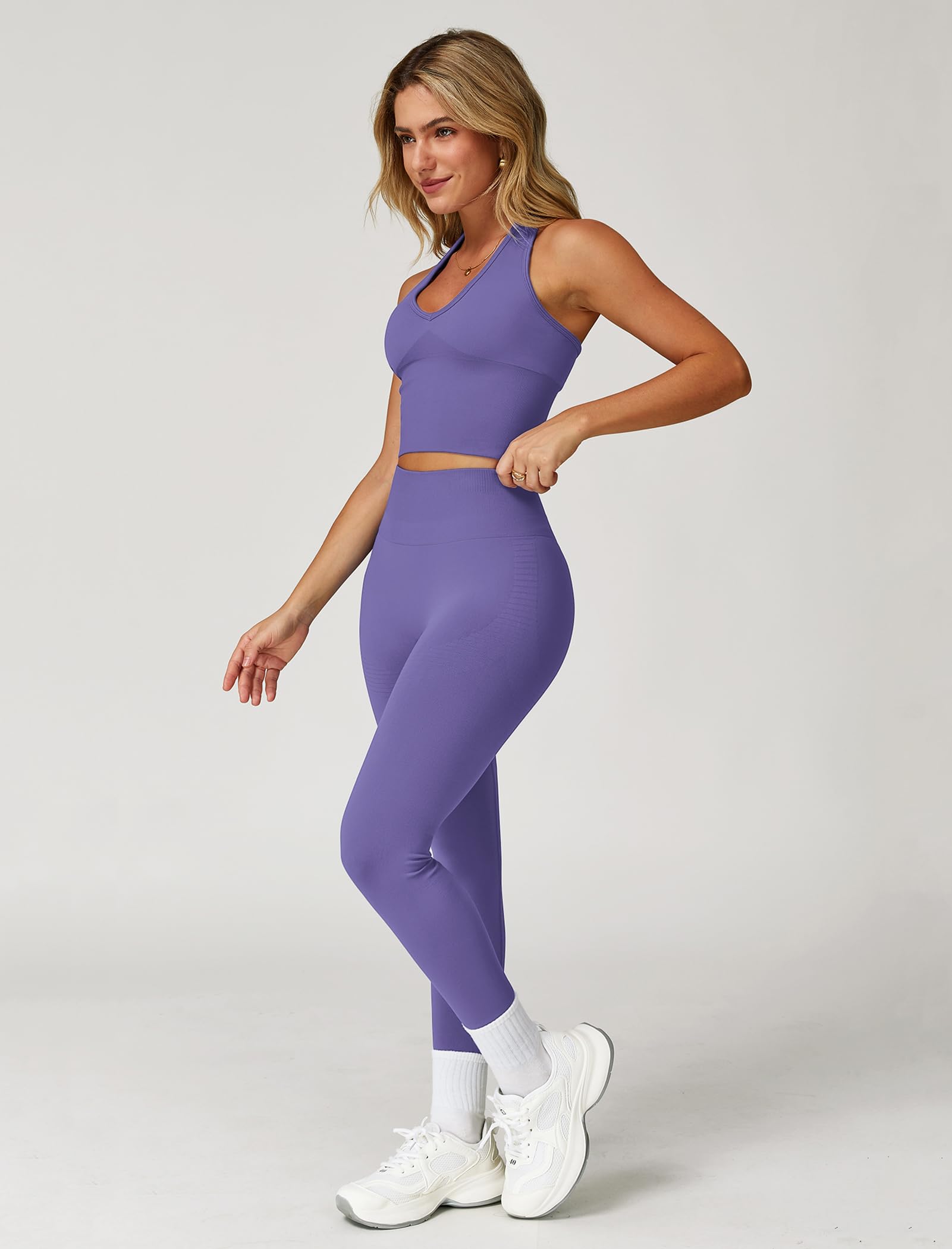 IDOPIP Set sportivo da donna con allacciatura al collo, due pezzi: set da palestra, con vita alta, leggings modellanti con effetto scrunch, tuta sportiva per fitness, yoga, pilates, allenamento