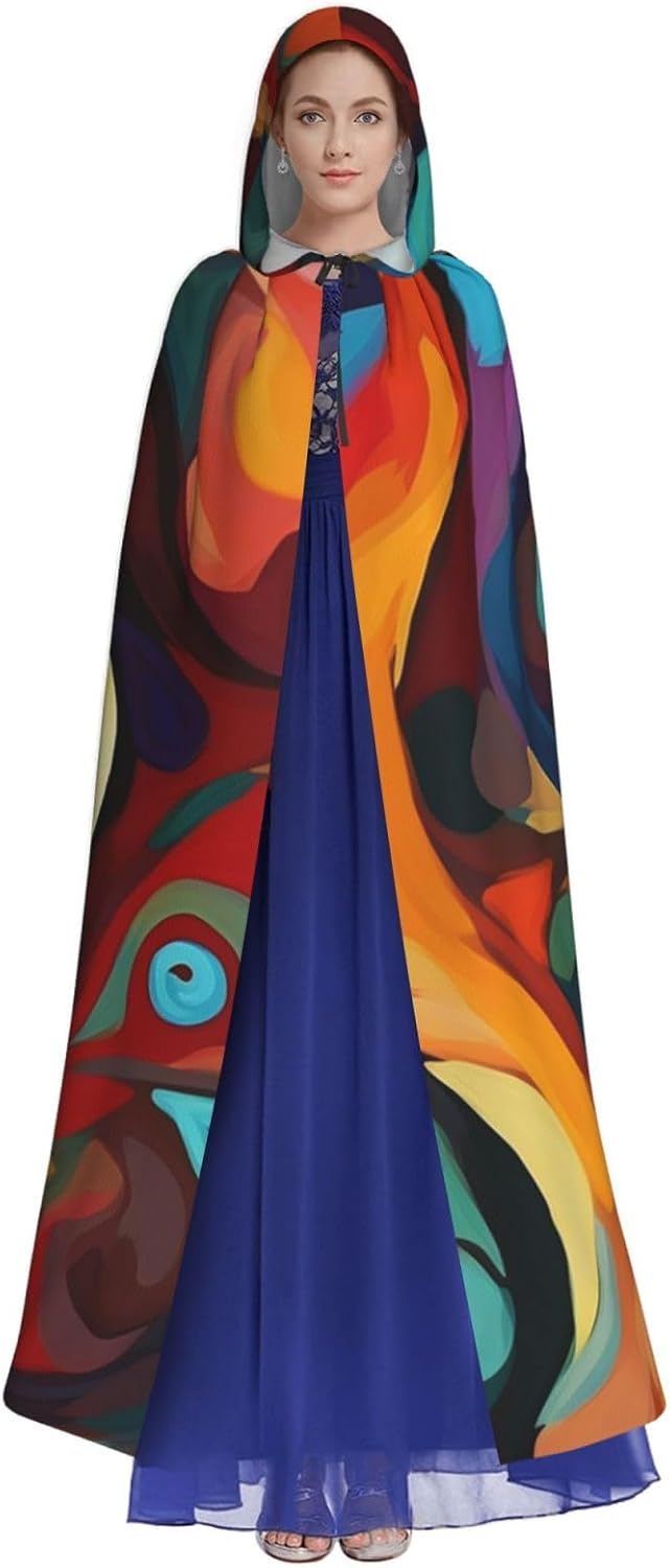 Abstract Colored Woman Face Hooded Cloak Full Length Hooded Robe Witch Cape Halloween Cosplay Costumes for Women Men