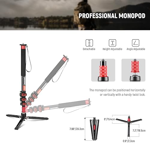 Miniatura 3 de NEEWER Soporte monopie para cámara de 67.7 pulgadas, trípode de viaje de fibra de carbono ligero con base desmontable para videocámara DSLR,