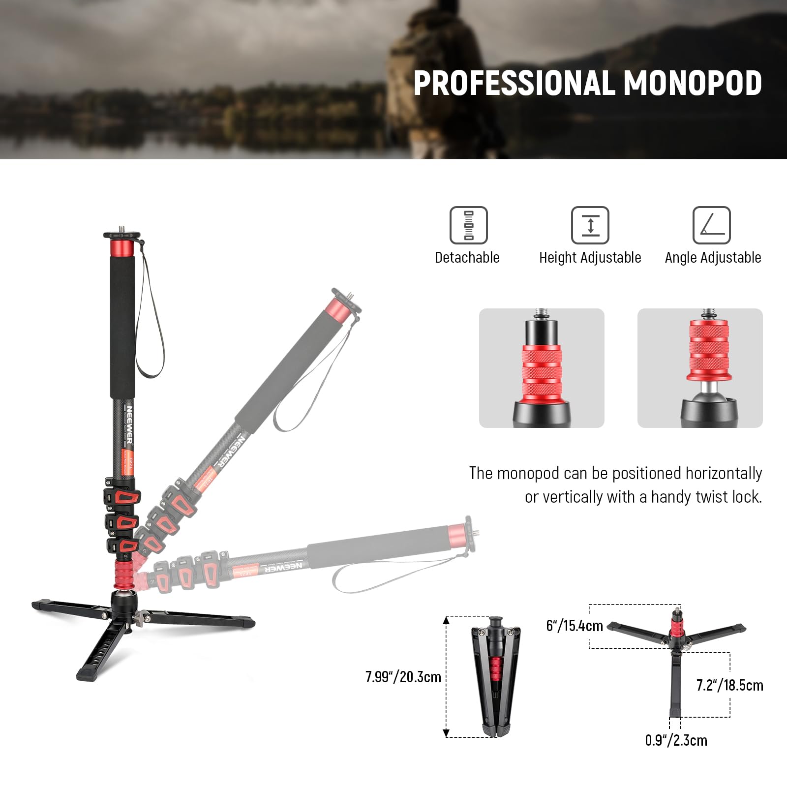 NEEWER 172cm Monopiede Fotocamera, Treppiede da Viaggio Leggero in Fibra Carbonio con Base Staccabile per DSLR Videocamera Riprese Video, Bastone Telescopico per Selfie Trekking, Max 6kg, TP71