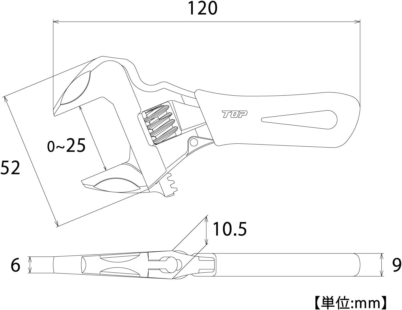 TOP HM-25MSBK Unrattled Monkey Wrench, Black, Short Work Wide