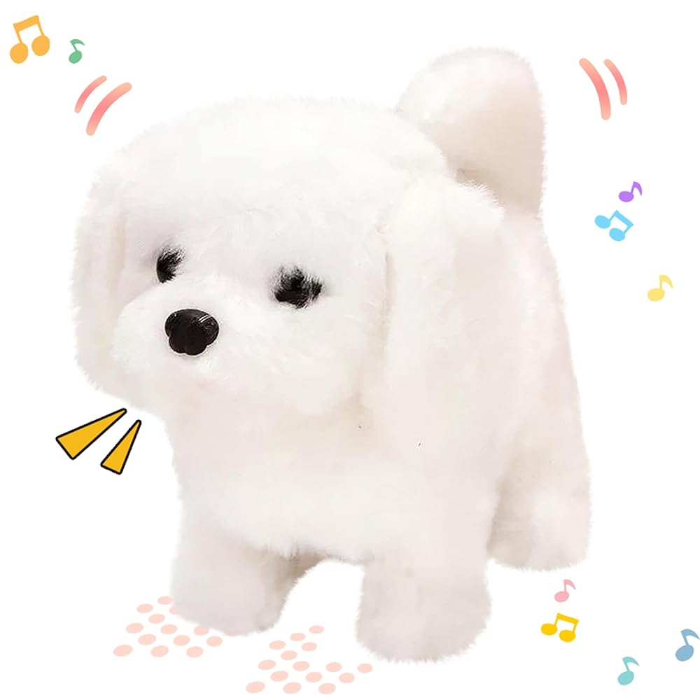 Hopearl Walking Dog Bichon Interactive Electronic Pet Plush Toy Puppy Woof and Moving Animated Nodding Head Gifts for Toddlers Birthday, White, 7\'\'