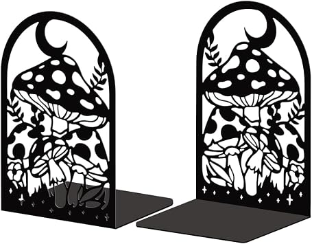 5.3"x4.3"x7.9" Metal Bookends, Heavy Duty Book Ends for Shelves | Bohemia and Mushroom Theme Cast Iron Book Supports, 1 Pair Decor Stoppers for Desk, Library, Office & Home Shelves