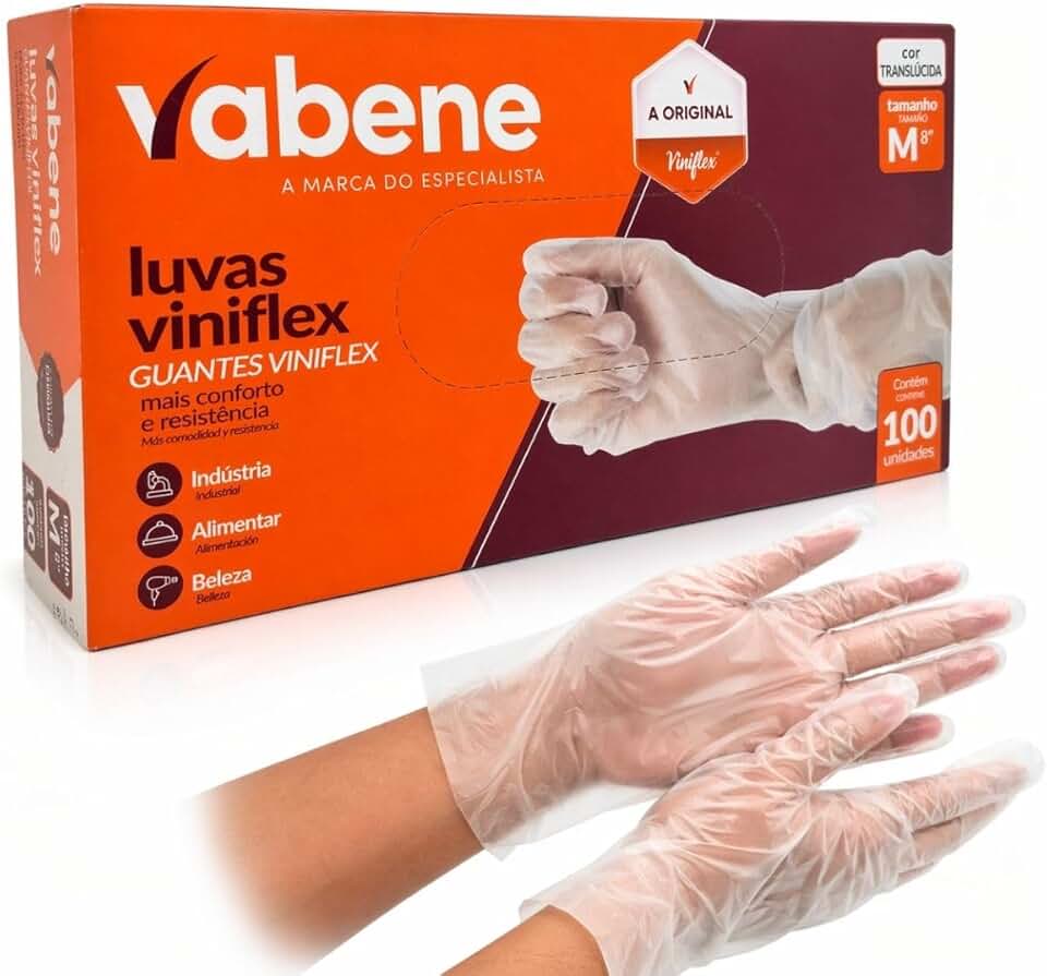 Luva Viniflex Vabene Sem Pó Translúcida Transparente Descartável Caixa 100 Unidades Tamanho M