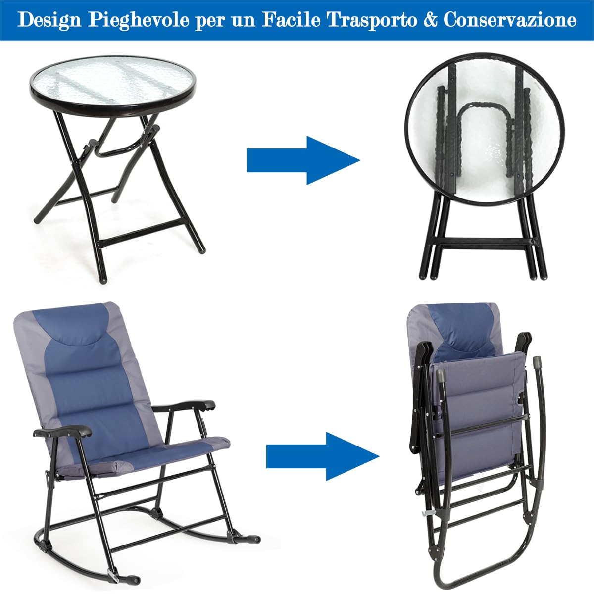 GYMAX Set 2 Sedie e Tavolino da Balcone, 2 Sedie a Dondolo, Sedile in Cotone Morbido e Tessuto, Schienale Ergonomico, Design Pieghevole, Ideale per Interno ed Esterno (Stile 1)