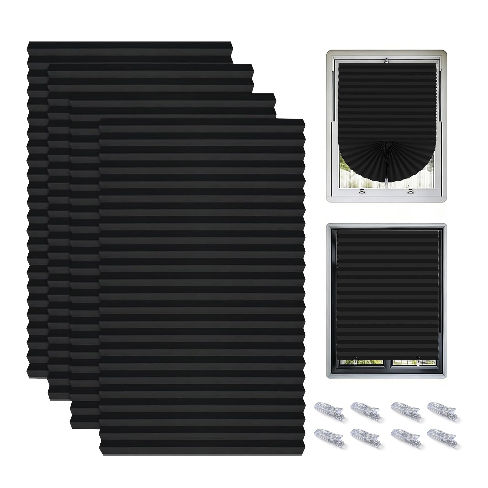 4pack Temporary No Drill Blinds, Stick on Blinds for Windows, Easy to Cut and Fit Self with Clips, Temporary Blind for Kitchens Bathrooms Bedrooms Terraces, Non-Woven Fabric, Black, 60W x 150H cm