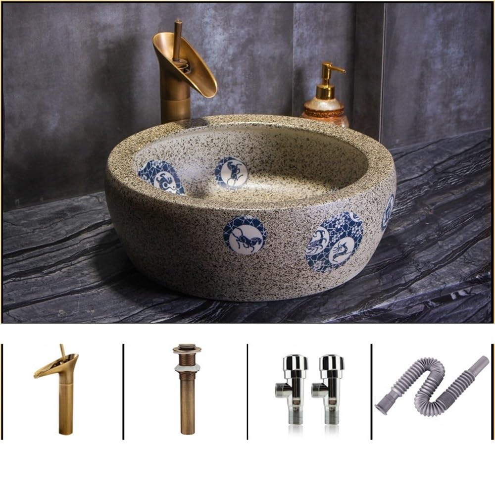 Lavello Bagno Lavandino rotondo da appoggio for bagno, balcone, esterno, in ceramica, stile retrò (accessori inclusi)