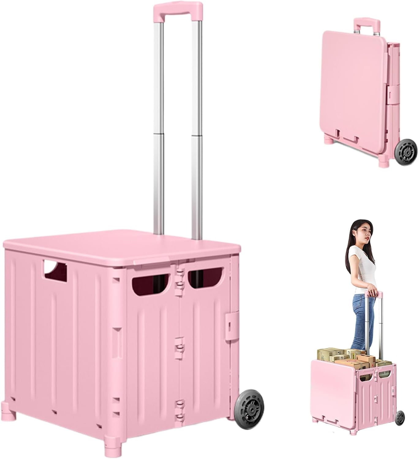 Foldable 45L Shopping Trolley with Lid & Wheels, 3 Height Adjustable Camping Cart, Heavy Duty Folding Cart for Shopping, Moving, Outdoor Organization, Storage