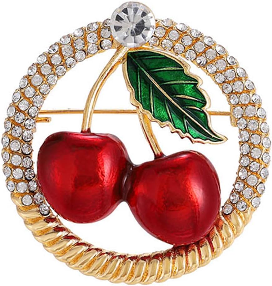 coadipress Cherry Brooch Pin for Women Rhinestone Crystal Red Cherry Fruit Green Leaf Brooches Lapel Pins Cute Dainty Dress Accessories Jewelry for Hat Bag Suit Tie 