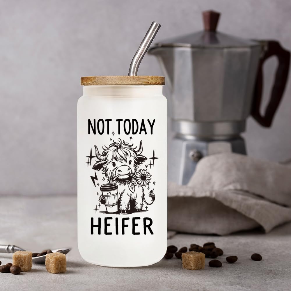 Funny Cute Highland Cow Print 16oz Coffee Cup Gifts for Cow Lovers Women, Not Today Heifer Glass Cups with Lids and Straws Gift for Perfect for New Mom, Mother in Law, Step Bonus,Birthday - Image 4