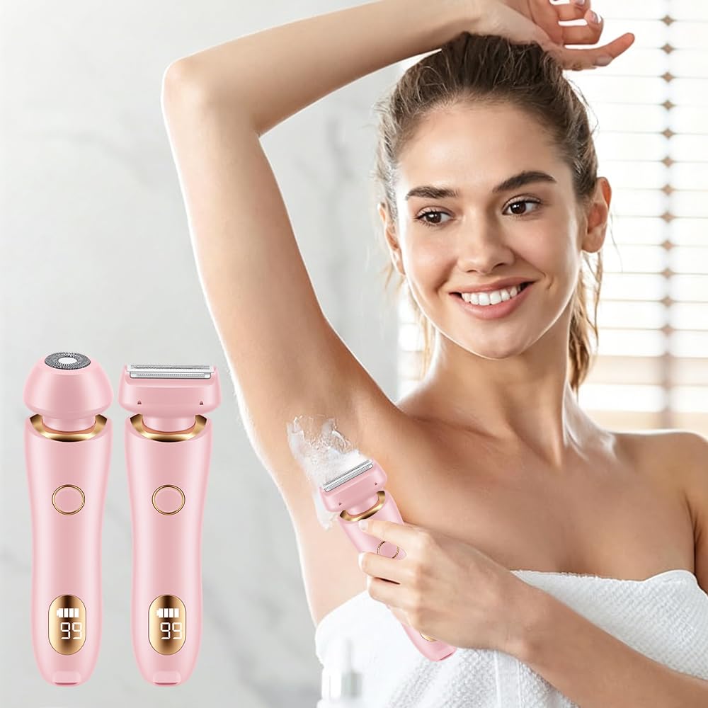 Rasoio Elettrico da Donna 2 in 1 a Doppia Testa,USB Ricaricabile,Impermeabile IPX7,Intima Donna Indolore per Viso, Gambe, Braccia e Zona Bikini