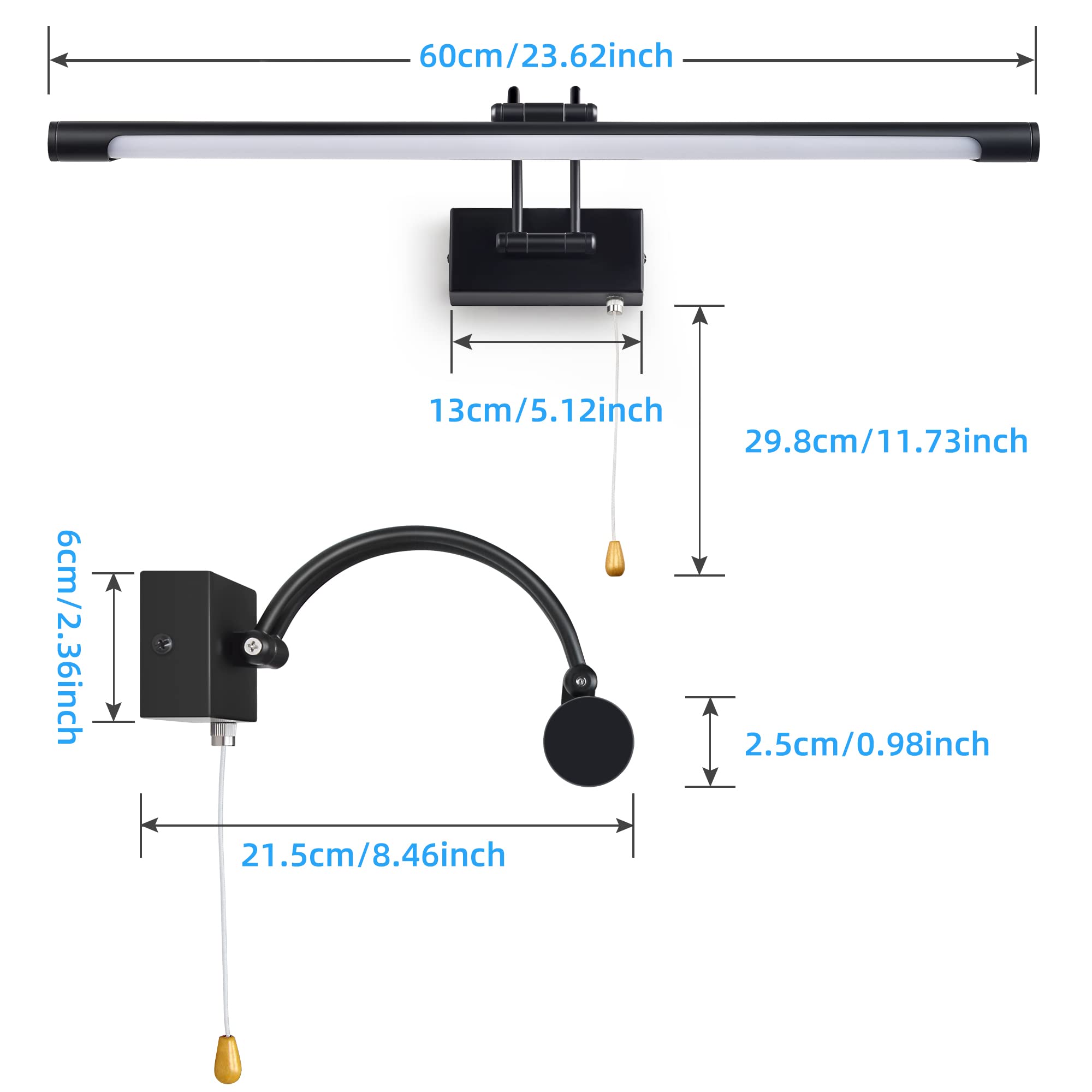 MantoLite LED Lámparas de Pared 12W,Interior Iluminación para cuadros y expositores Con Cabeza de Lámpara Giratoria e Interruptor,Baño Espejo Apliques de Pared 60CM 3000K Luces de Lectura (Negro)