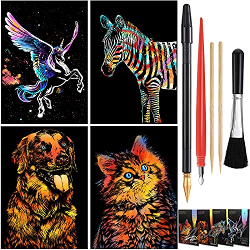 Scratch Art Rainbow Painting Paper Animal DIY Crafts Womens Hobbies Engraving Art Scratchboard for Adults & Teen, Birthday Gift Set 16â€ x 11.2â€ 4 Sheets (Cat/Dog/Zebra/Unicorn)