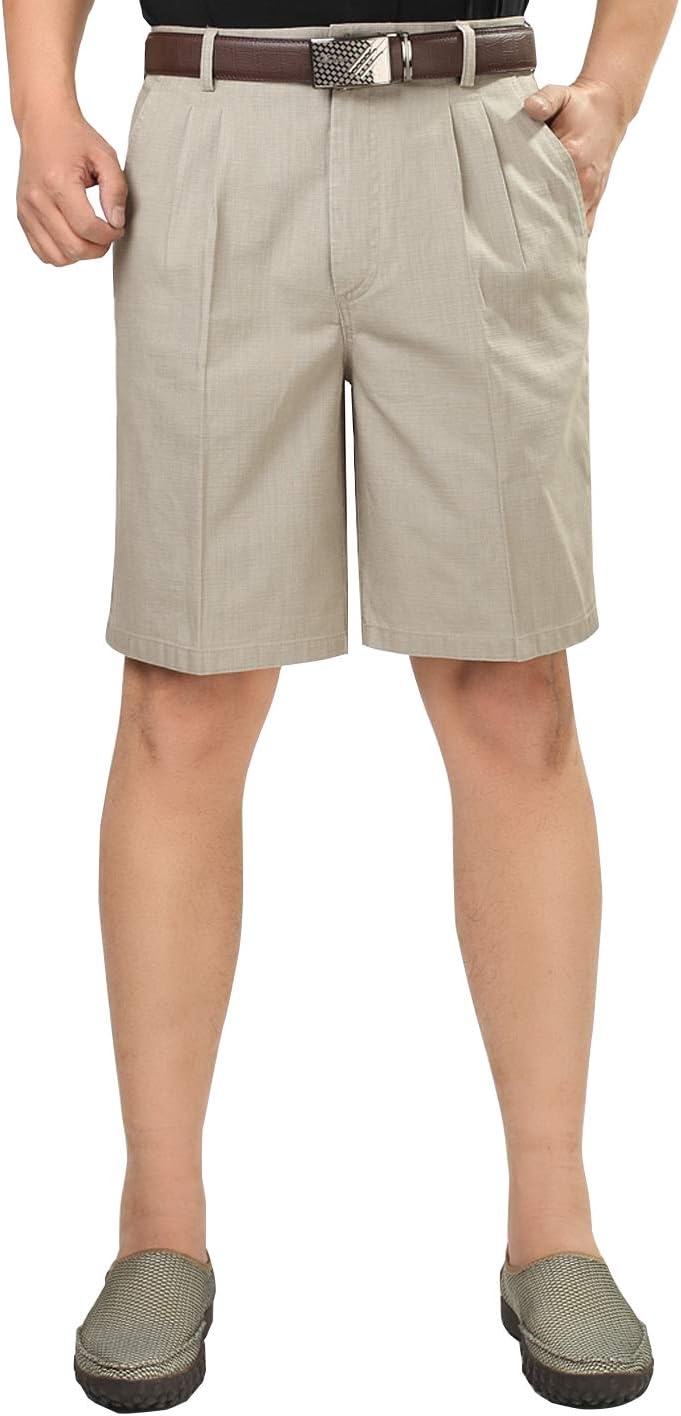 Locachy Men's Classic Fit Line Double Pleated Golf Shorts