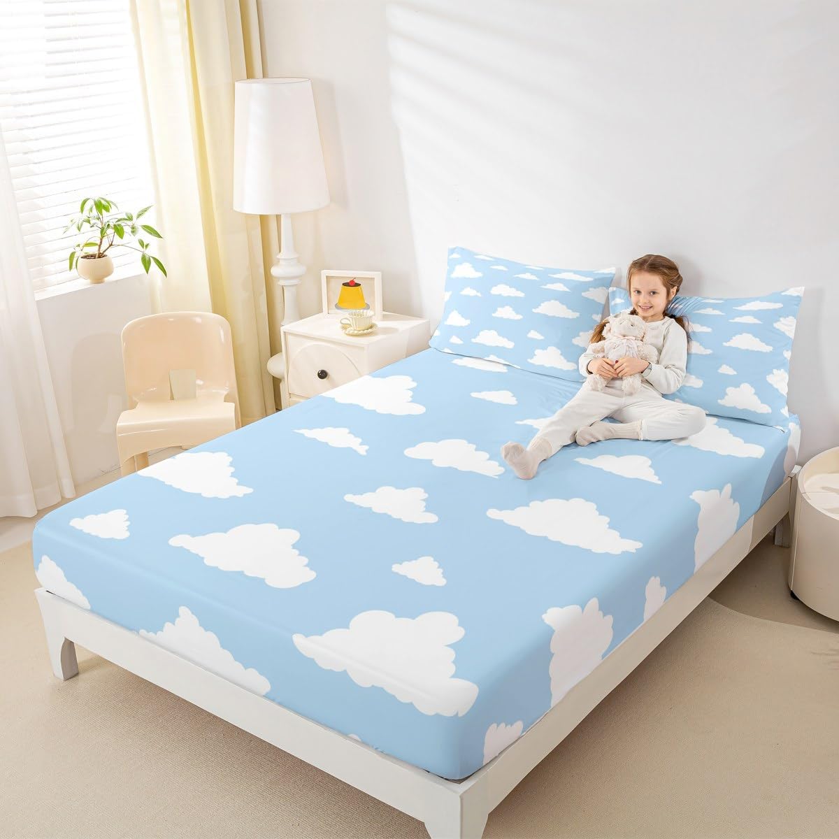 White Clouds Fitted Sheet,Cartoon Clouds Blue Sky Decor Bedding Set for Kids Teens Adults,Simple Style Graffiti Decorative Bed Cover with 2 Pillowcases(No Top Sheet),Queen Size 3 Pcs