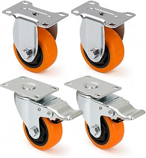 3 Inch Heavy Duty Caster Wheels Set of 4 with 2 Fixed, 2 Swivel and Brakes | Polyurethane Plate Mount Wheels with Braked Swivel Casters and 1,000 lb Total Load Capacity for the Complete 4-Caster Set