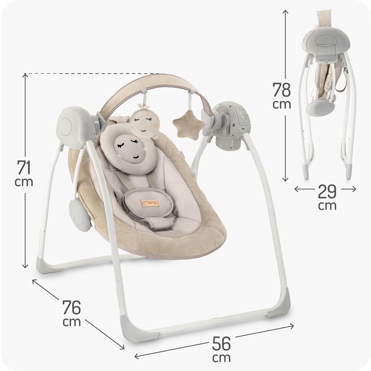 Sdraietta a dondolo MoMi LISS per neonati fino a 9 kg, pieghevole, a batteria o rete con USB, cinture 5 punti, barra con giocattoli, 6 melodie, timer, 5 velocità di oscillazione