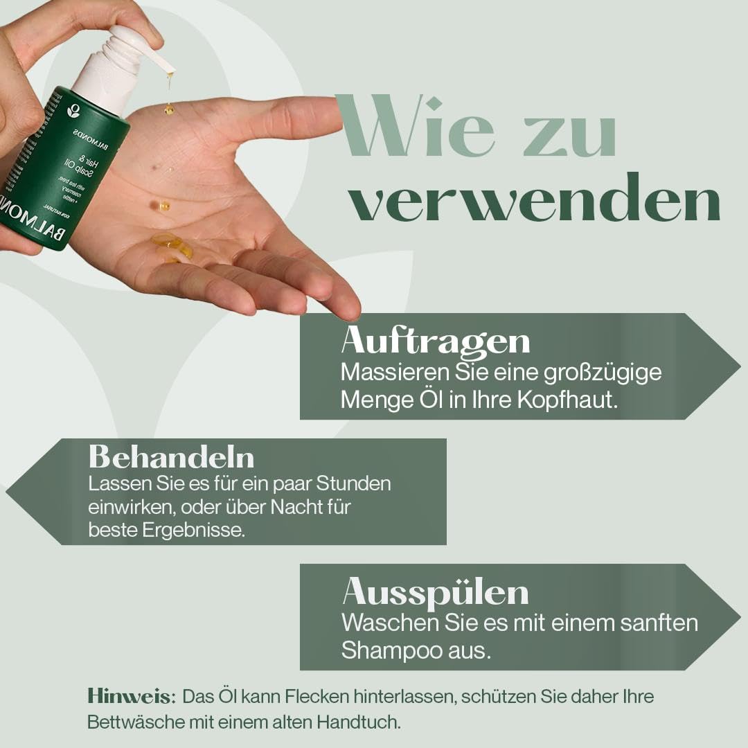 Balmonds Haar & Kopfhaut Haaröl 50 ml | Mit Rosmarinöl, Teebaumöl & Ätherischen Ölen | 100% Natürlich & Vegan | Pflegendes Haaröl für Trockene, Schuppige Kopfhaut | Auch bei Psoriasis & Ekzem