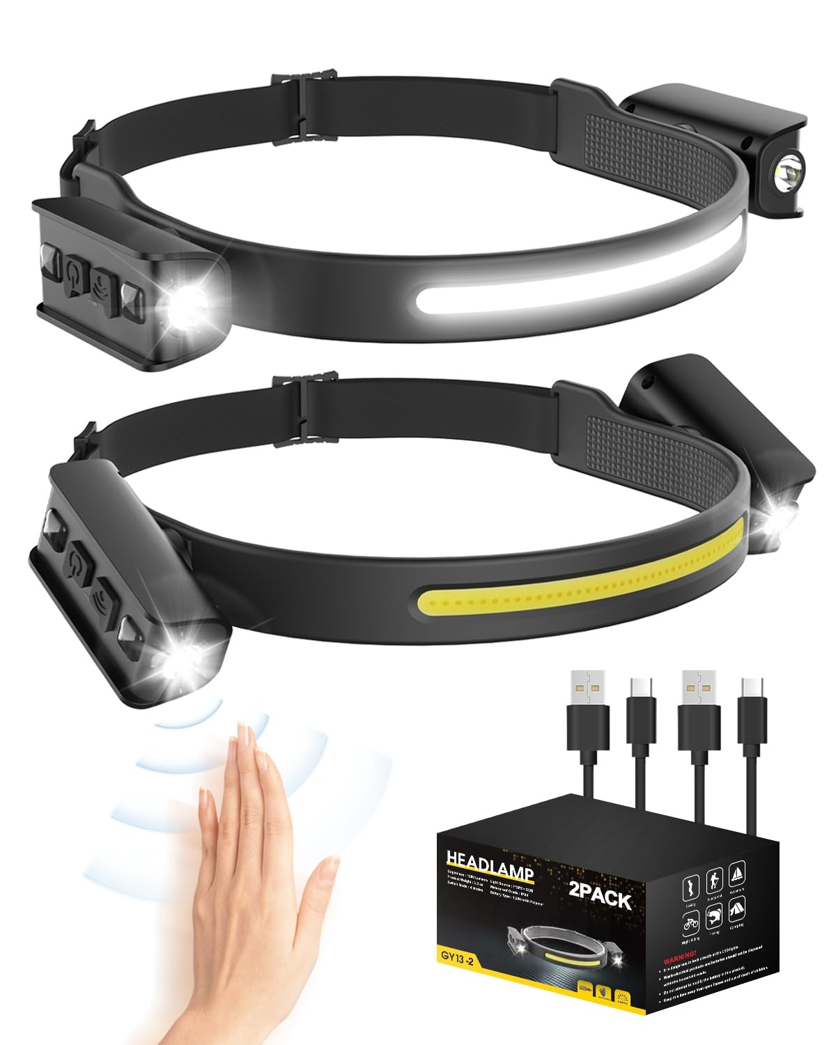 LED Head Torch Rechargeable, 1200LM 2 Spot Light 90°Adjustable, 230°COB Super Bright Headlamp with Motion Sensor, 6 Modes, IPX5 Waterproof, 12 Hours Runtime, Lightweight Headlamp for Camping(2 Pack)