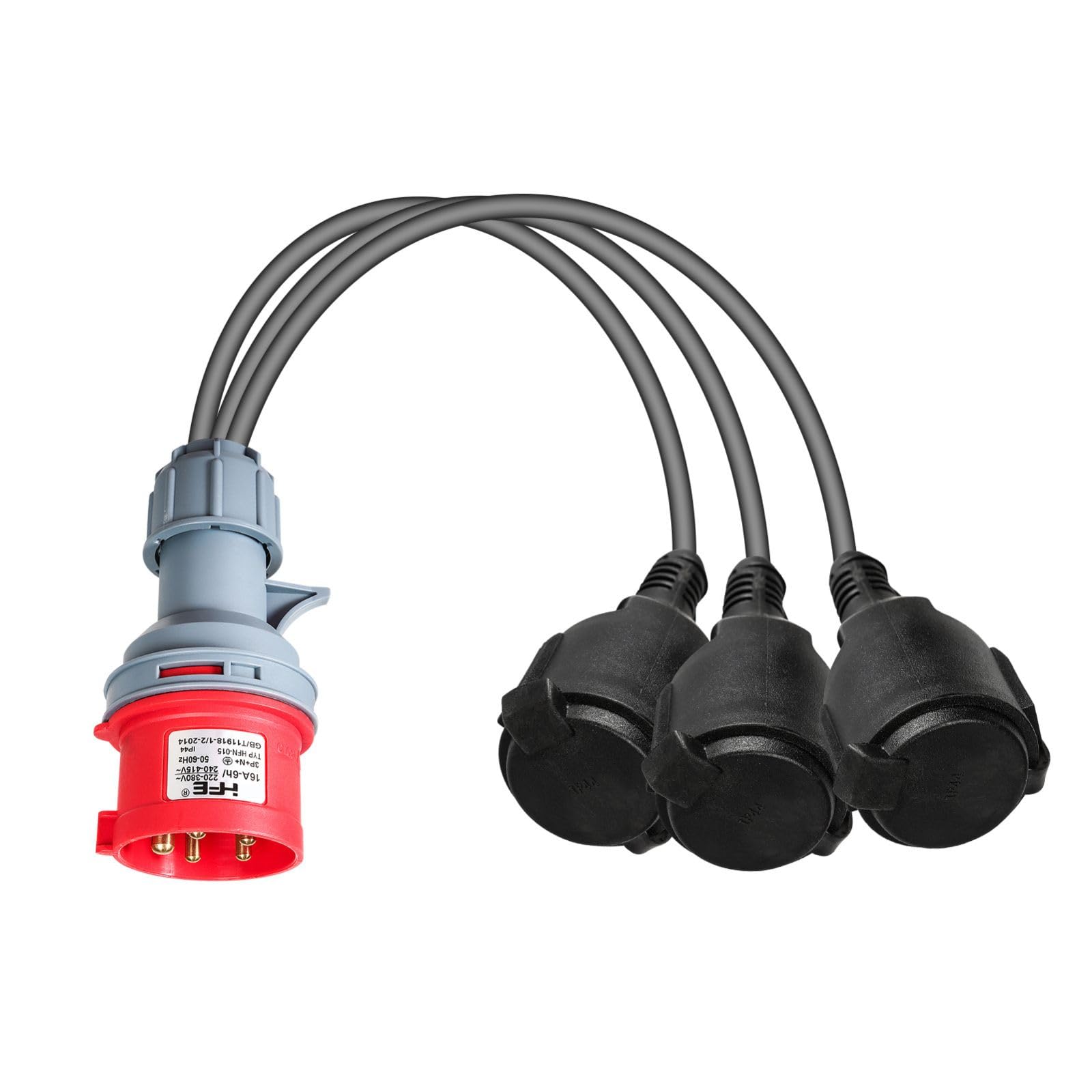 Jadeshay Cavo di Alimentazione CEE Prolunga Elettrica,400V 16A Spina Industriale a Cinque Poli IP44 Impermeabile Adattatore Presa Industriale 1 Spina 5 Pin e 3 Schuko con Cavo 50 cm Caravan Campeggio