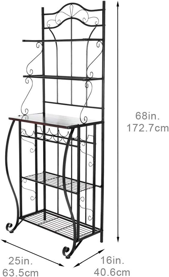 5-Tier Black Metal Cappuccino Finish Shelf Kitchen Bakers Rack Scroll Design with 5 Bottles Wine Storage - Standing Baker's Racks