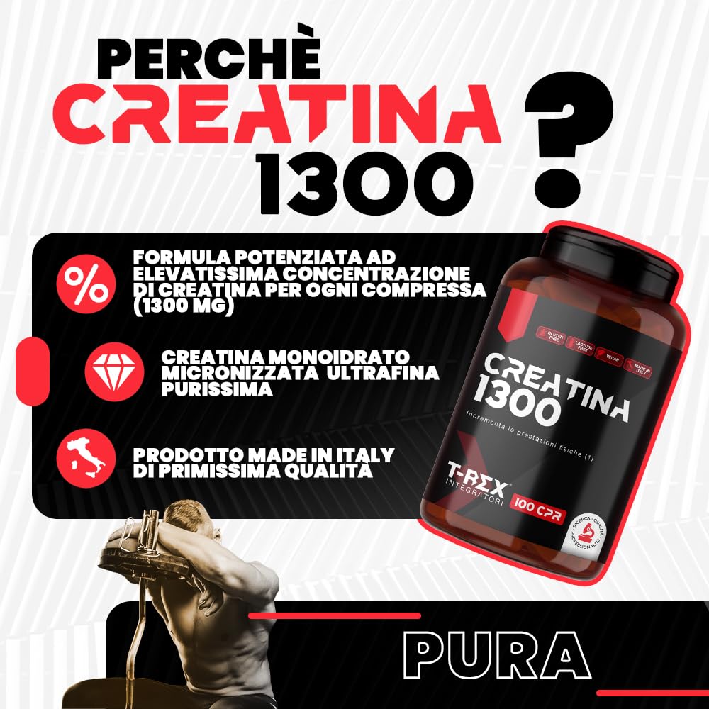 T-Rex Integratori Creatina Micronizzata Monoidrata 100 compresse da 1300mg - Integratore alimentare per massa muscolare e boost energetico pre workout