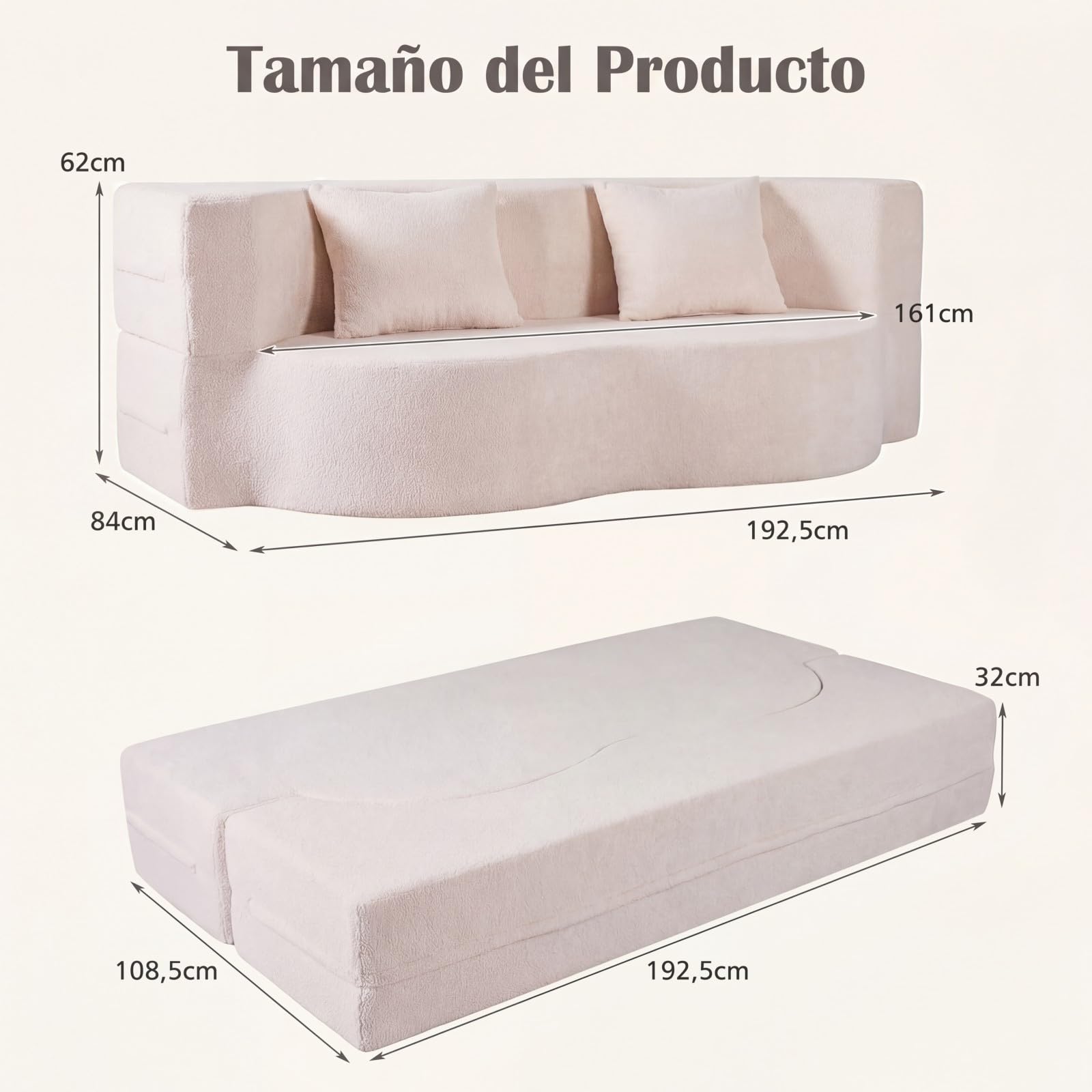 COSTWAY Sofá Cama de 2 Plazas, 192,5 cm, Sofá Convertible en Cama 2 en 1 de Tela de Polar Teddy con 2 Almohadas, sin Montaje, Sofa Comprimido de 2 Plazas sin Marco para Salón Cuarto Invitados (Blanco)