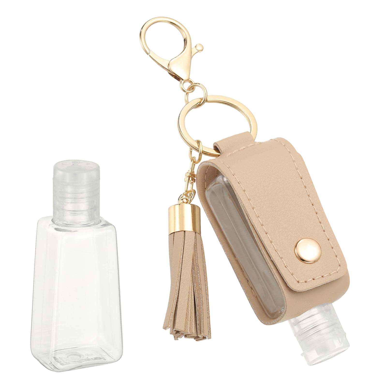 sourcing map Portable Travel Empty Bottle with Keychain, 30ml PU Leather Mini Squeeze Bottle, Hand Liquid Refillable Container Travel Size for Toiletry Lotion Shampoo Liquid Soap, Beige