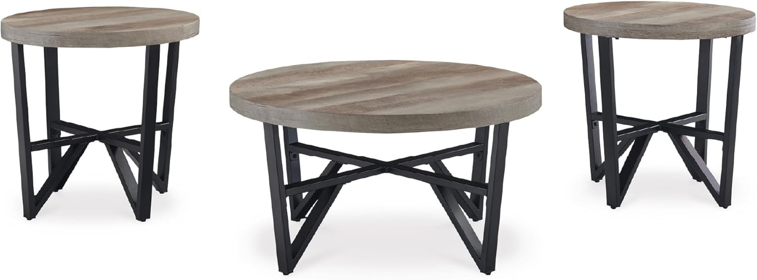 Signature Design by Ashley Deanlee Contemporary Table Set with Metal Frame, Set of 3, Light Brown & Black