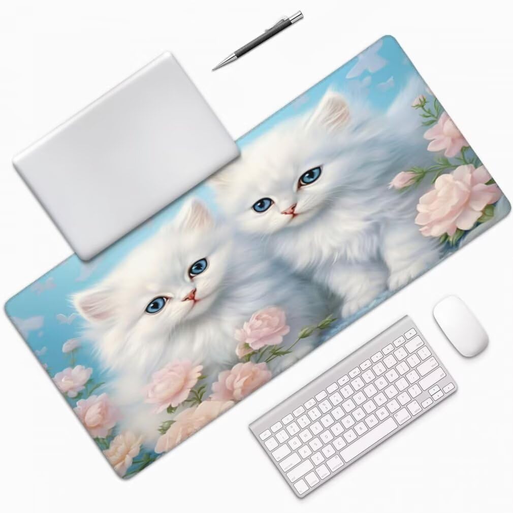 Tappetino Mouse XXL 1200x600mm Gatto Carino Grande Mouse Pad, Tappetino Scrivania Grande Mousepad Gaming con Bordi Cuciti, Tappeto Scrivania con Base Antiscivolo per Ufficio e Casa (Fiore) -MP1576